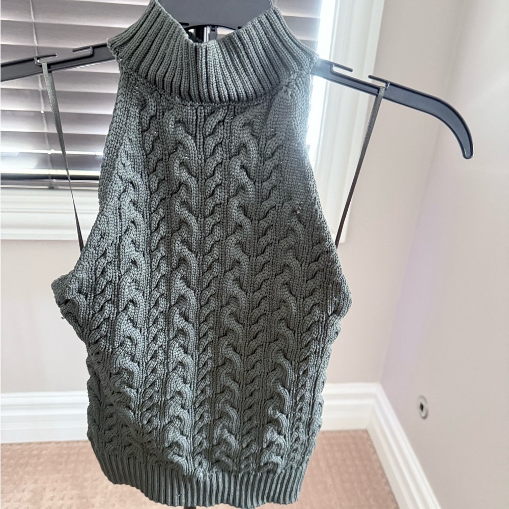 Mango Olive Cable Knit Sleeveless Turtleneck Sweater